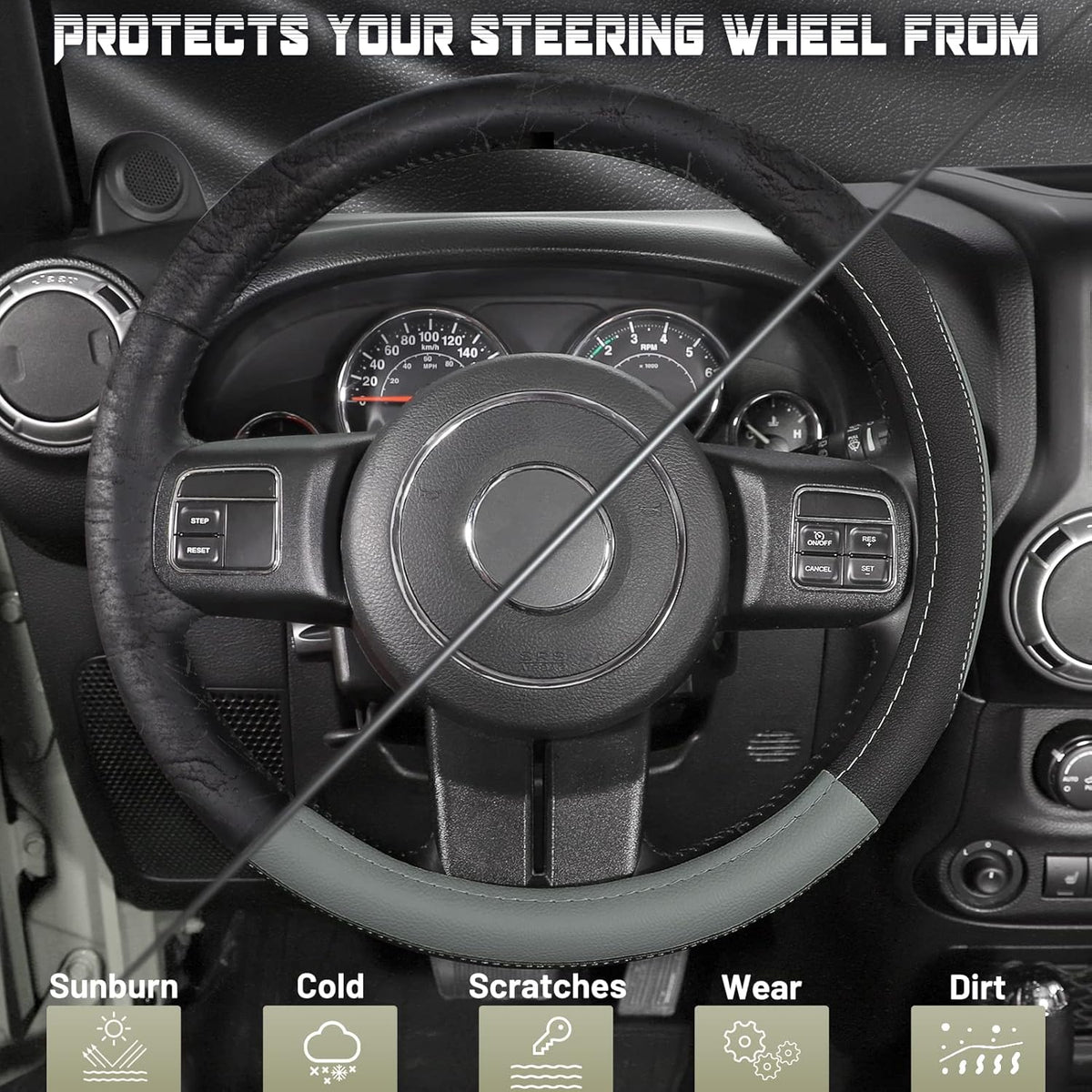SEG Direct Car Steering Wheel Cover for F-150 Tundra Range Rover 15.5-16 inch, Black and Gray Microfiber Leather