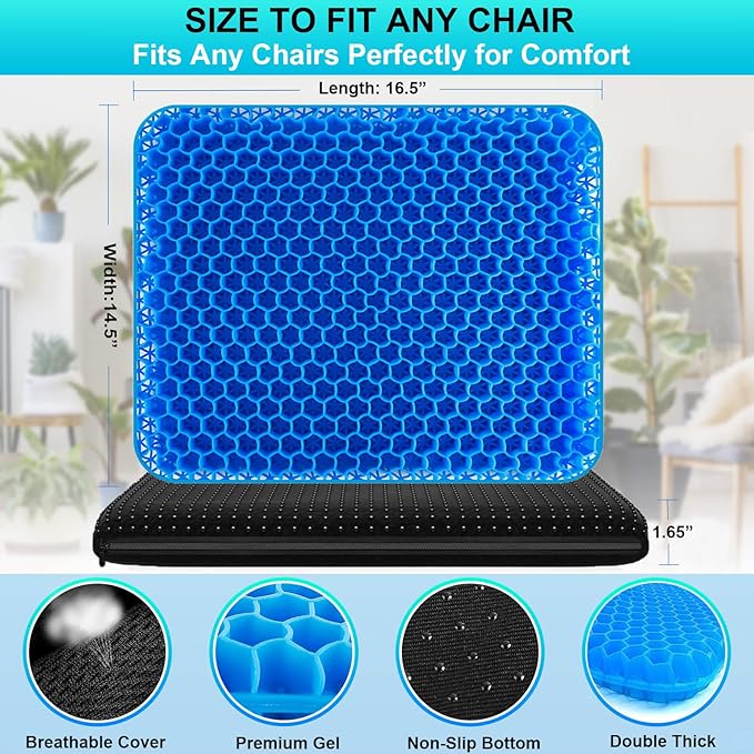 Gel Seat Cushion for Long Sitting - 1.65inch Double Thick Cooling Egg Cushion for Back, Hip, Sciatica, Coccyx, Tailbone Pain Relief - Office Chair Car Seat Cushion – Wheelchair Cushions