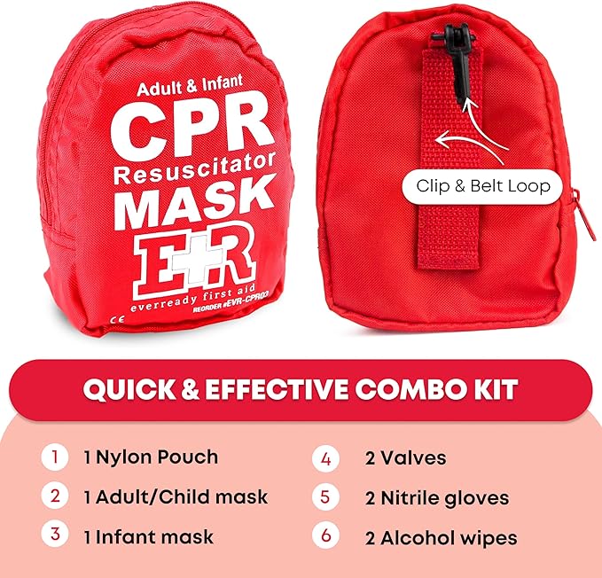 Ever Ready First Aid Adult and Infant CPR Mask Combo Kit with 2 Valves with Pair of Vinyl Gloves & 2 Alcohol Prep Pads - Red (2)