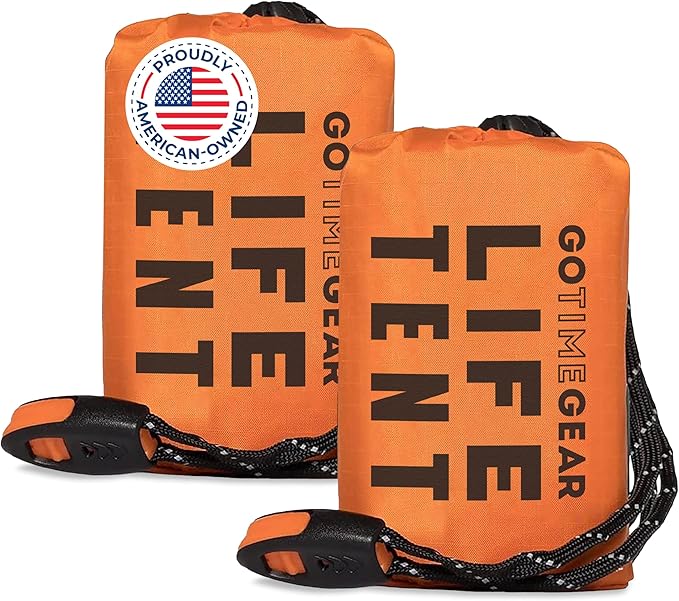 Go Time Gear Survival Life Tent • 2 Person Mylar Emergency Shelter Tube Tent + Paracord • All-Weather Protection for Camping, Hiking, & Survival Kits • Includes Emergency Whistle