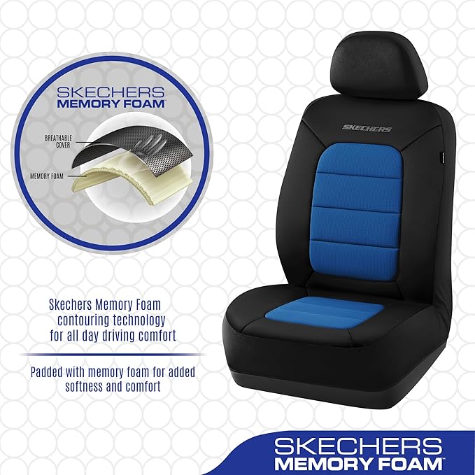 Skechers Memory Foam Car Seat Covers,Thick Cool Touch Fabric Seat Covers,Front Seat Cover Airbag Compatible,Automotive Comfort Protection for Most Cars,Vans,Trucks,SUV,Blue