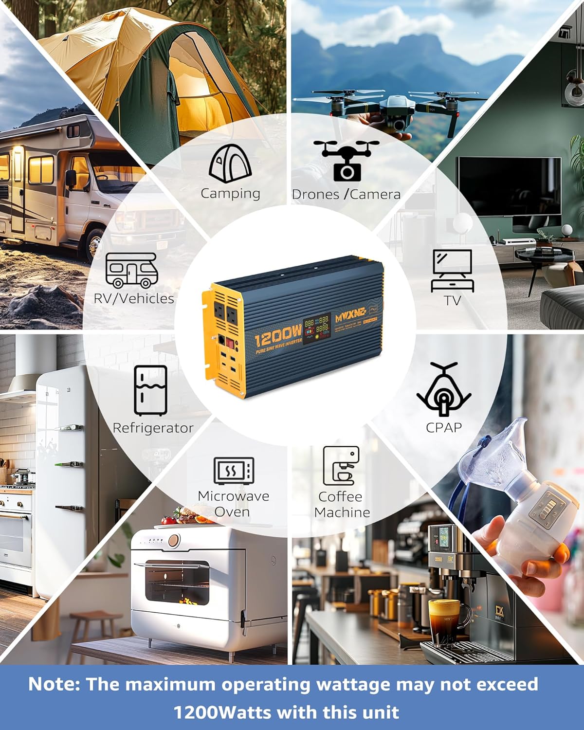 1200 Watt Pure Sine Wave Power Inverter DC 12V to 110V AC Converter with Dual AC Outlets, PD60W/QC3.0 Fast Charging USB Ports, Car Solar Inverter with LCD Display for Home RV Truck