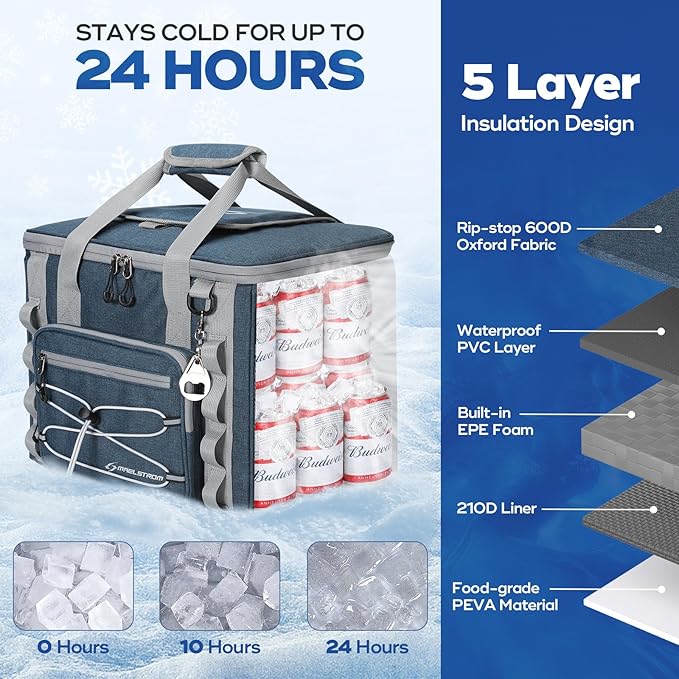 Maelstrom Soft Sided Cooler Bag, 30/40 Can Collapsible Insulated Ice Chest, Large Leakproof Portable Storage for Camping, Travel, Kayaking & Beach