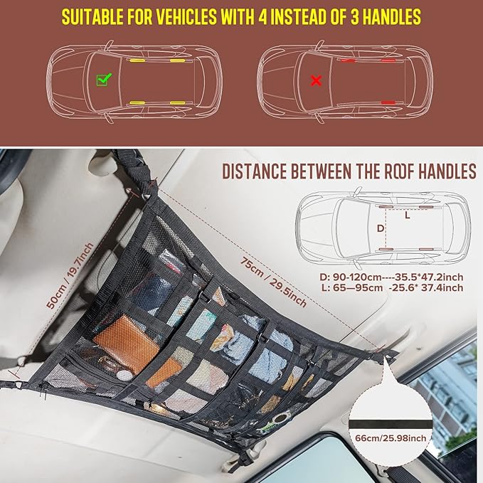 Car Ceiling Cargo Net Pocket Storage Net,29.5"x19.7" Adjustable D-Buckle to Reduce Sagging Roof Storage Organizer,Double-Layer Mesh SUV for SUVs,Road Trips,Car Camping Essentials