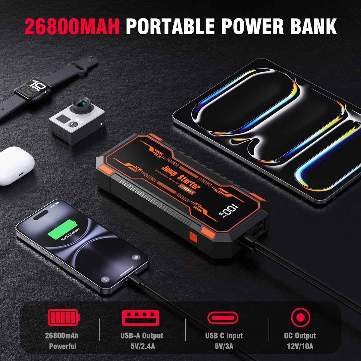 Car Jump Starter 6000A Car Battery Jump Starter Portable,12V Battery Jumper Starter Portable(10.0L Gas/8.0L Diesel),LCD Display Jump Box Jump Starter Battery Pack with Jumper Cable&Flashlight-Orange
