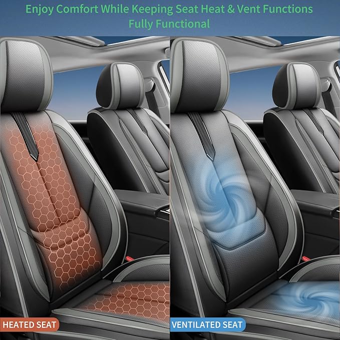 Fit Equus Car Seat Covers for Hyundai Equus 2011-2014 2015 -Upgraded Premium Waterproof & Breathable Leather,Airbag Compatible,All-Weather Seat Cushion Protector,2 Front/Black-Grey