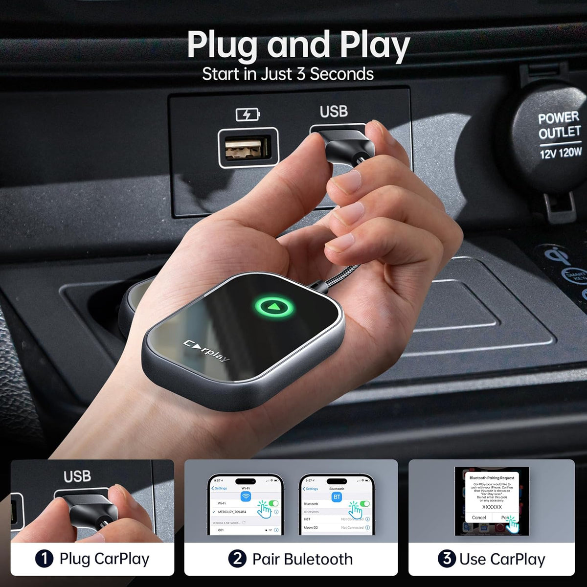 Wireless CarPlay Adapter for iPhone, Converts Wired to Wireless CarPlay Dongle 2024 Upgrade Zero Latency Plug & Play fit for Cars from 2017 & iOS 10+