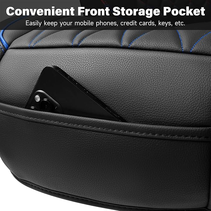CAR PASS Luxury PU Leather Two Front Car Seat Covers, Waterproof Seat Covers Compatible with Front Seat Armrests, Airbag Compatible Anti- Slip Universal Fit for Cars Suvs Vans Trucks Black Blue
