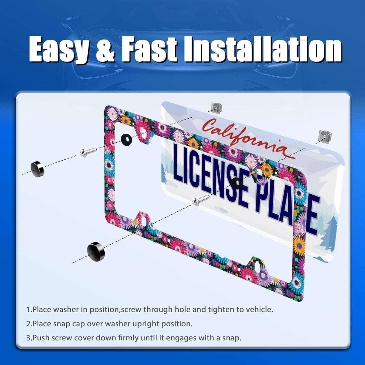 Abstract Hippie Flowers License Plate Frame Floral License Plate Stainless Steel Funny License Plate Holder Colorful Car Accessories With Screws Car Decoration 12.3" x 6.3" Fits Standard Vehicles Size