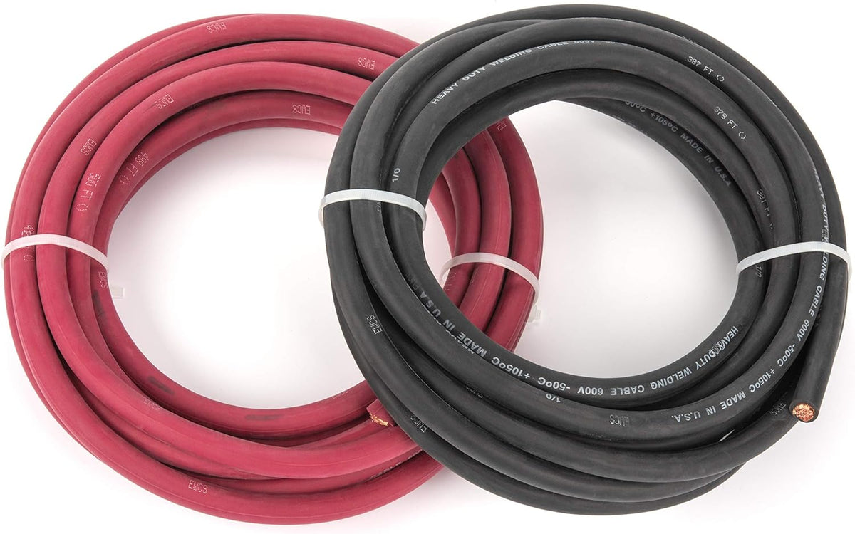 1/0 Gauge EWCS Brand - 25 Feet Each Black + Red - 100% Copper Premium Industrial Grade Extra Flexible Welding Cable 600 Volt Black+Red Combo Pack