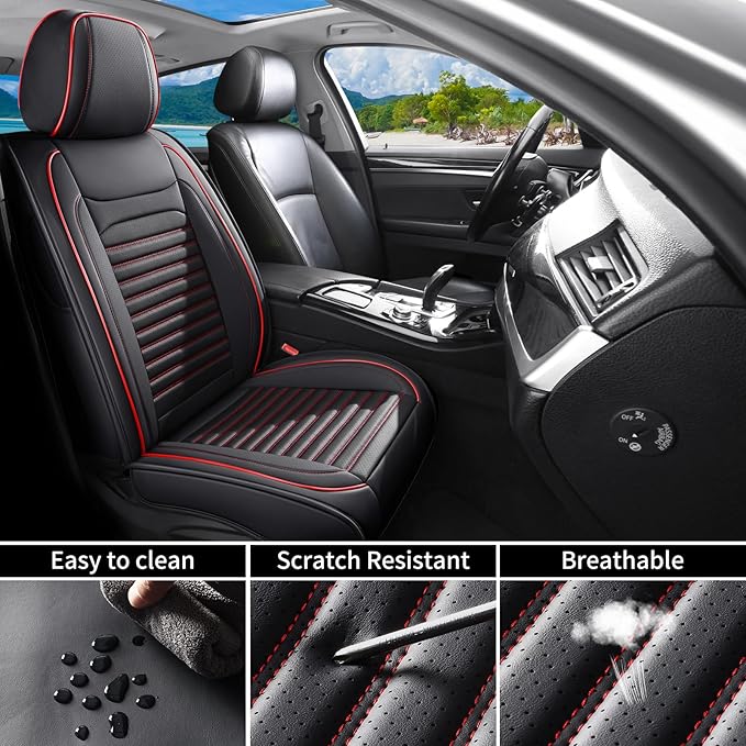 Front Seat Covers Fit for Toyota Camry 2001-2026, Car Seat Covers Front Seats, Breathable Faux Leather Automotive Seat Covers Front Pair Anti-Slip Seat Cover(Black&Red, Front)
