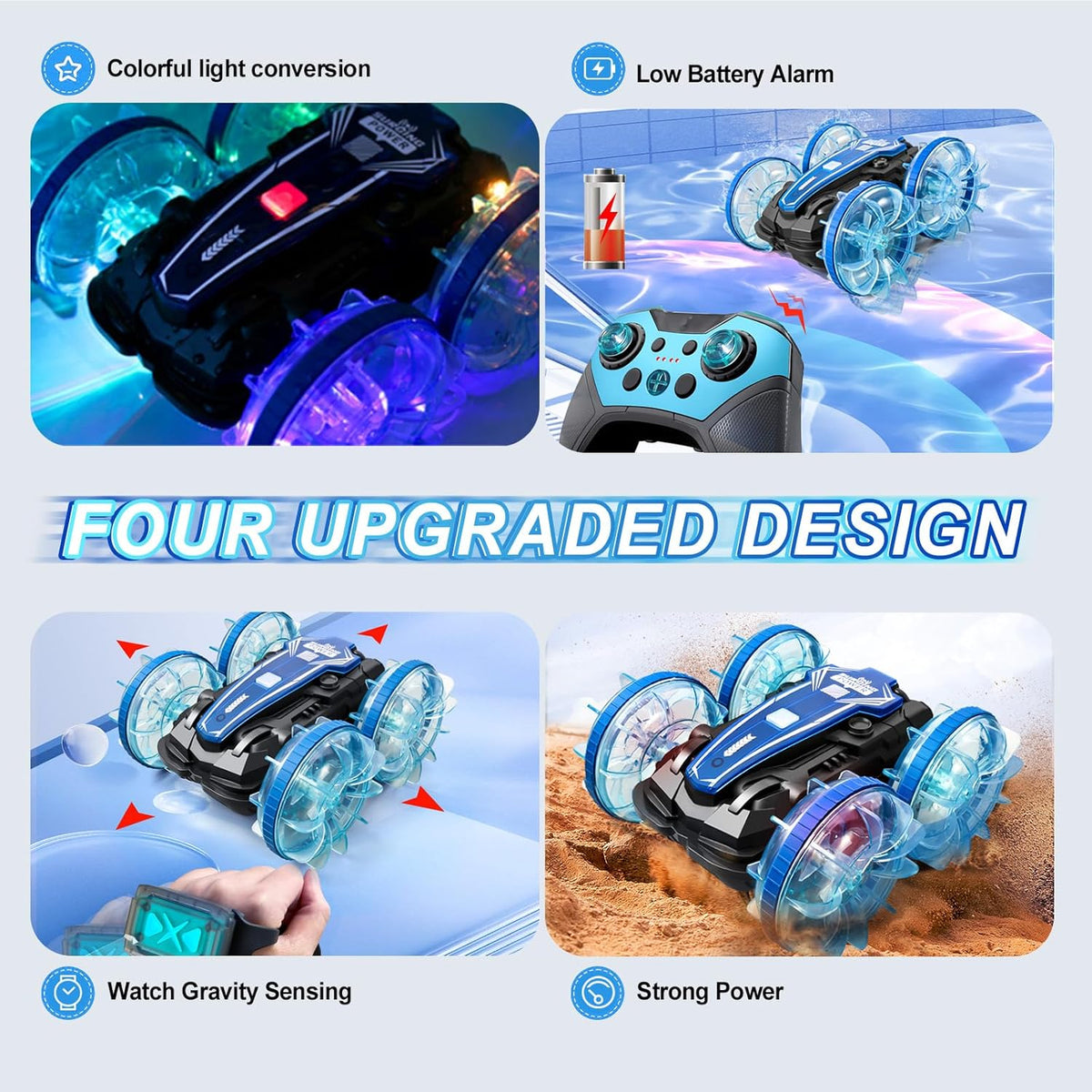 Toys for Ages 5-13, Amphibious Remote Control Car, 2.5GHz 4WD 131Ft 360° Rotation, 180° Flip，60Mins Play, Rechargeable Gesture Rc Car with LED, Battery, Kid Toys, Christmas, Birthday Gifts