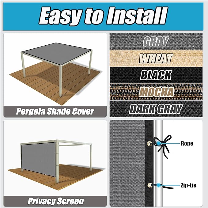Amagenix 90% Shade Fabric 7'X 12' Gray Sun Shade Cloth with Grommets for Pergola Replacement Shade Cover Canopy, Heavy Duty, Cable Zip Ties Included (We Customized)
