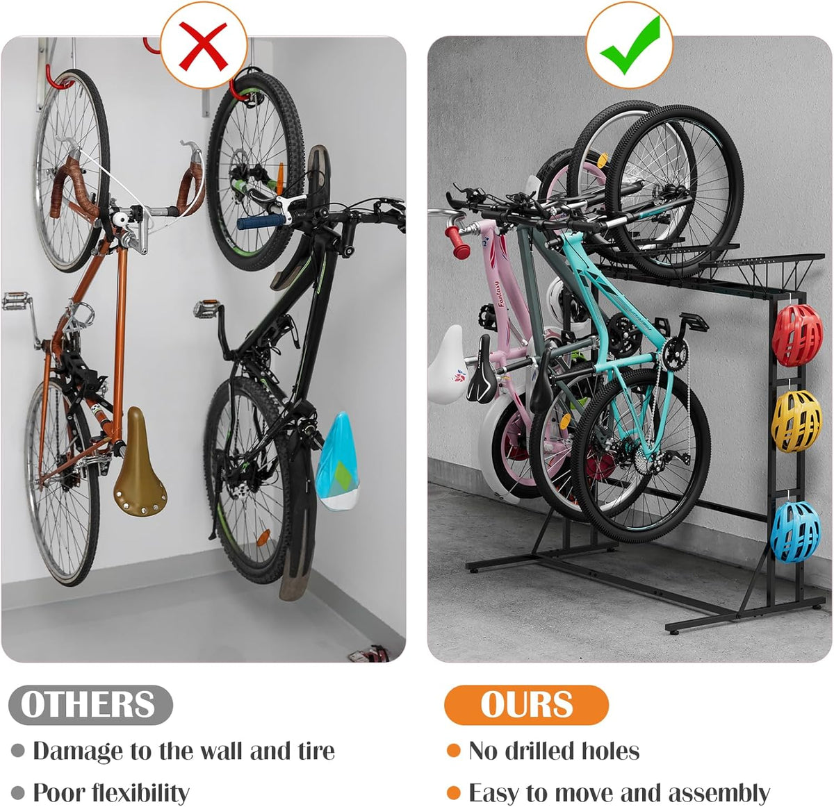 OYEAL Bike Rack Garage Floor Bike Storage Stand with 6 Hooks, Indoor Vertical Bicycle Organizer for 3 Adult Mountain/Road &1 Kids Bikes, Max Tire Width 2.6”, Black