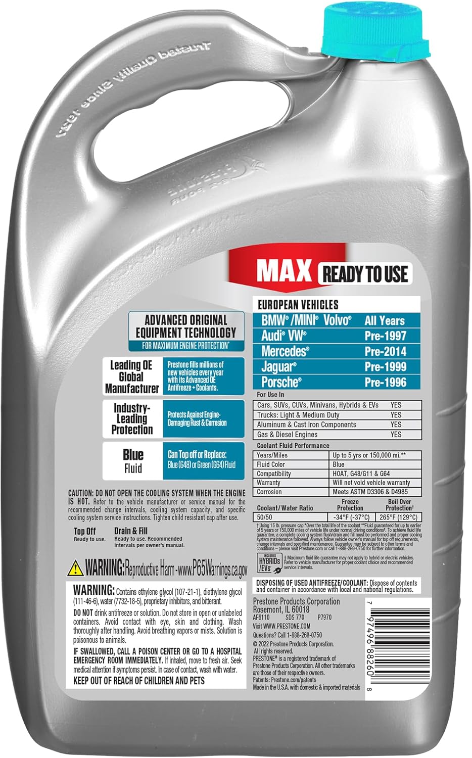 Prestone MAX Euro Blue 50/50 Antifreeze Automotive Coolant, Pack of One (Pack of 2)
