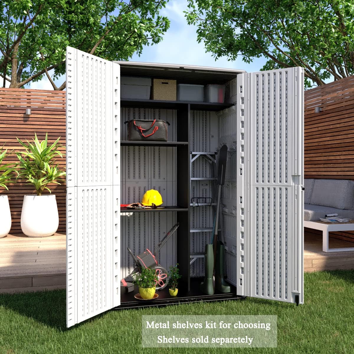 66 Cu.ft Vertical Storage Shed, Waterproof Polyethylene Resin Outdoor Storage with Floor for Garage, Pool, Bike, Garden