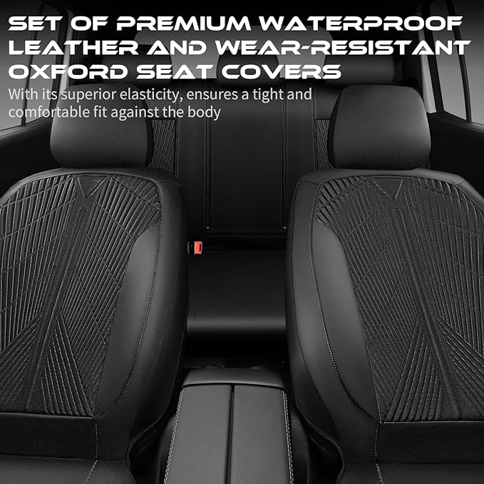 CAR PASS Leather Oxford Car Seat Covers Full Set, All-Weather Non-Slip Durable, Universal Fit for SUVs Sedans Trucks Vans Automotive, Armrest Airbag Compatible, 3D Emboss 5 Black