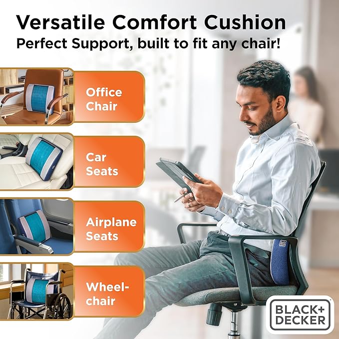 BLACK+DECKER Cooling Gel Lumbar Memory Foam Cushion – Ergonomic Back Support Travel Pillow with Ventilated Mesh, Adjustable Strap, Slow Rebound Memory Foam, Washable Cover
