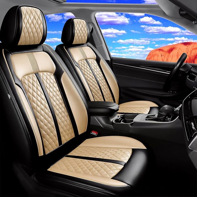 Fit Insight Car Seat Covers for Honda Insight 2010-2022 Premium Leather, Airbag Compatible, Scratch-Resistant, Waterproof All Weather Seat Protector, Airbag Compatible, Front Pair Black+Beige
