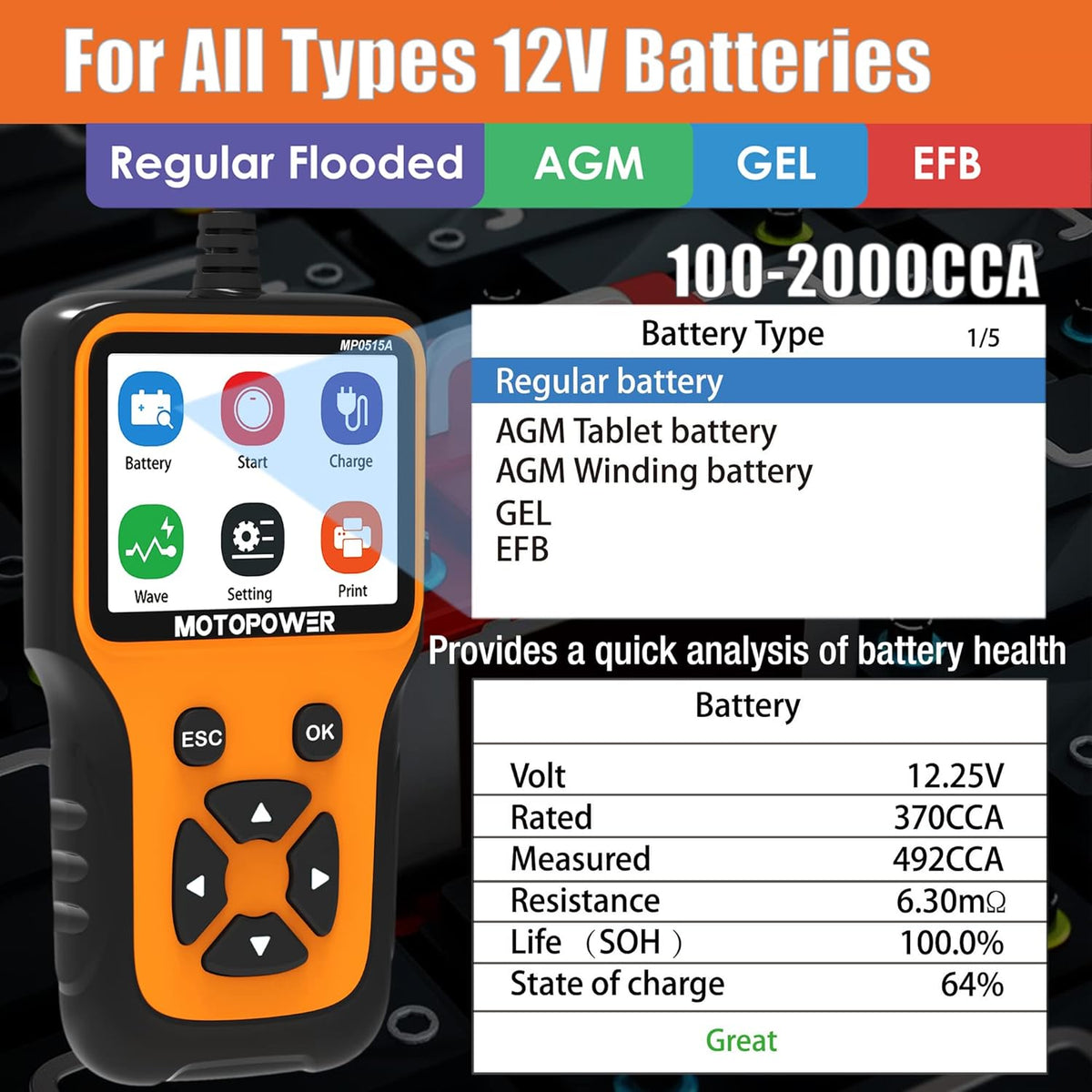 MOTOPOWER MP0515A 12V Car Battery Tester Automotive 100-2000 CCA Battery Load Tester Auto Cranking and Charging System Tester
