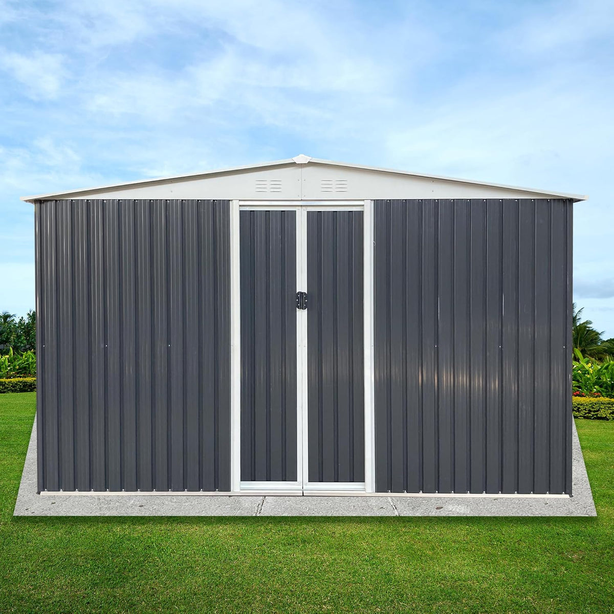 10x12 FT Outdoor Storage Shed, Large Metal Garden Shed with 4 Windows, Outside Tool Shed with Lockable Sliding Doors, Waterproof Storage Building with 4 Air Vents for Backyard, Patio, Lawn, Gray