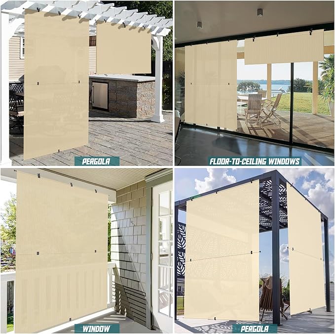Bynbbur 7'W x 13.5'H Outdoor Patio Shades Foldable Roller Blinds, 220 GSM Sun Shade Roll Up Porch Screens Exterior Shade Cloth for Deck Pergola Backyard, Beige