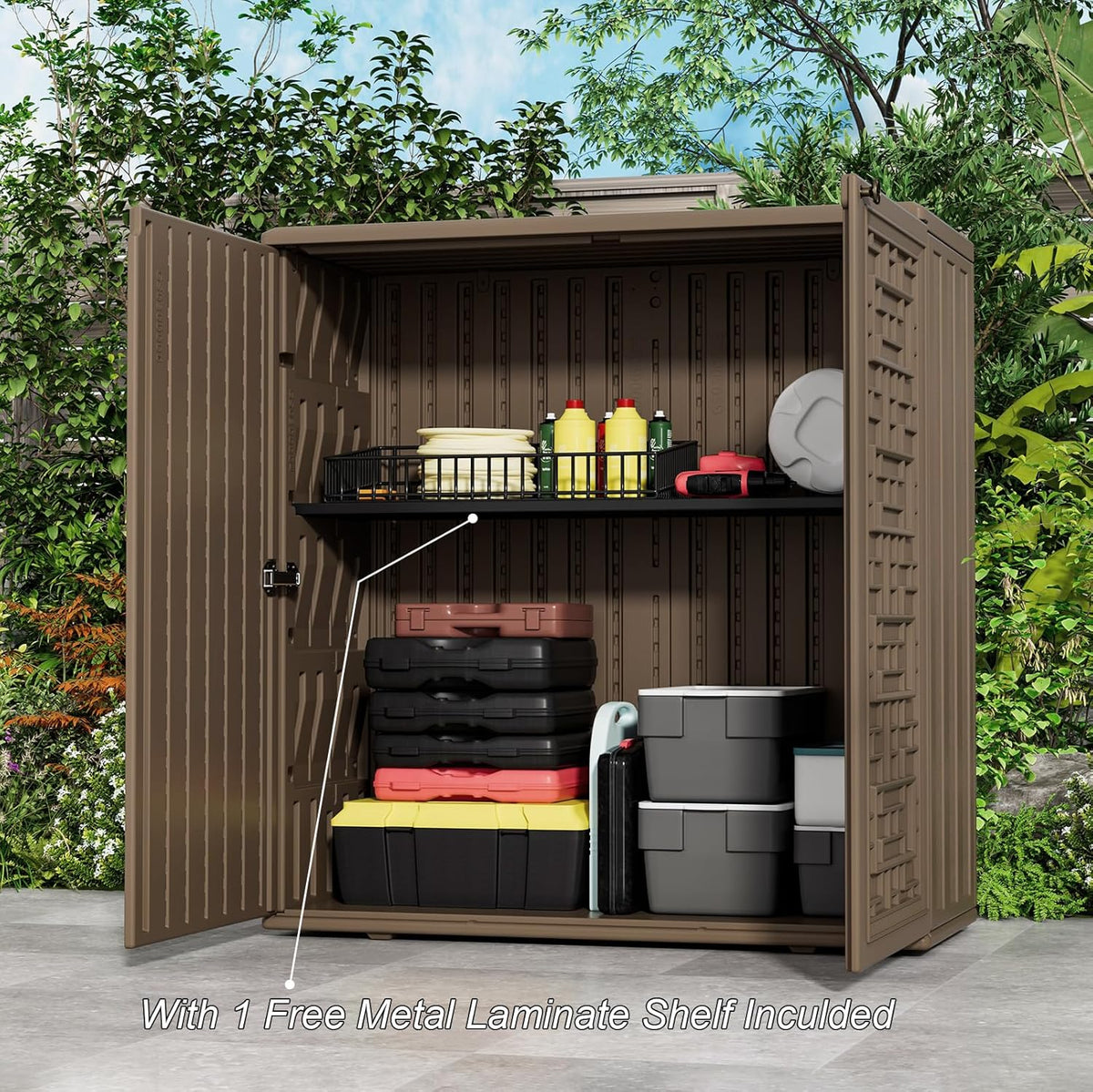 HOMSPARK Indoor/Outdoor Storage Cabinet with Doors and Shelf, 34”x16”x36” HDPE Plastic Storage Box for Bedroom, Bathroom, Living Room, Balcony, Multi-Purpose for Toys, Kitchen Tools, Coffee