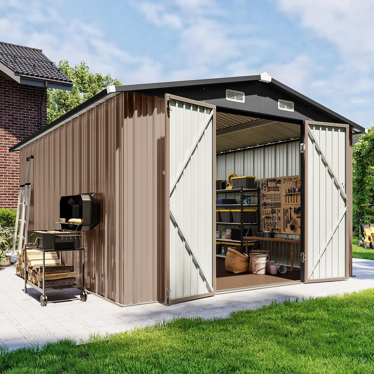 10x12 FT Outdoor Storage Shed with Floor & Lockable Double Doors, Heavy-Duty Galvanized Steel Outdoor Metal Shed for Bike, Tool, Generator Storage in Backyard, Patio (10’x12’, Floor)