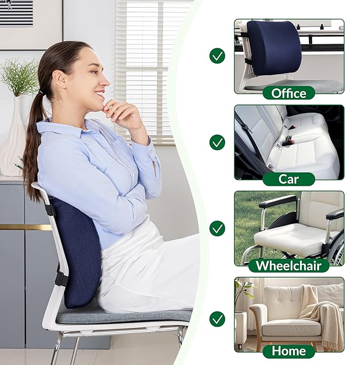 Back Support Pillow for Office Chair and Car Seat,Lumbar Support for Office,Charcoal Memory Foam Back Cushion-Breathable Mesh Cover,Double Adjustable Straps,Dark Blue