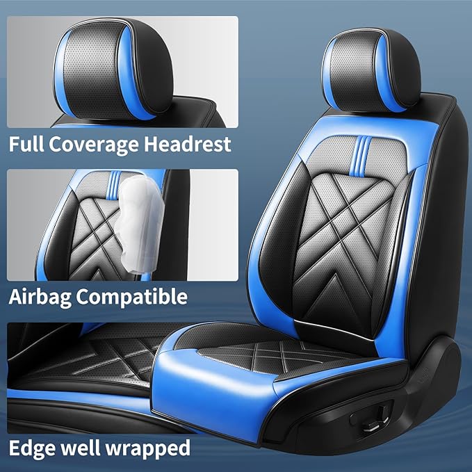CX-90 Car Seat Covers Fit for Mazda CX-90 2007-2026, Full Coverage Premium Leather Waterproof Breathable Seat Covers, Automotive Seat Protectors, Airbag Compatible(2 Front Seats, Black-Blue)