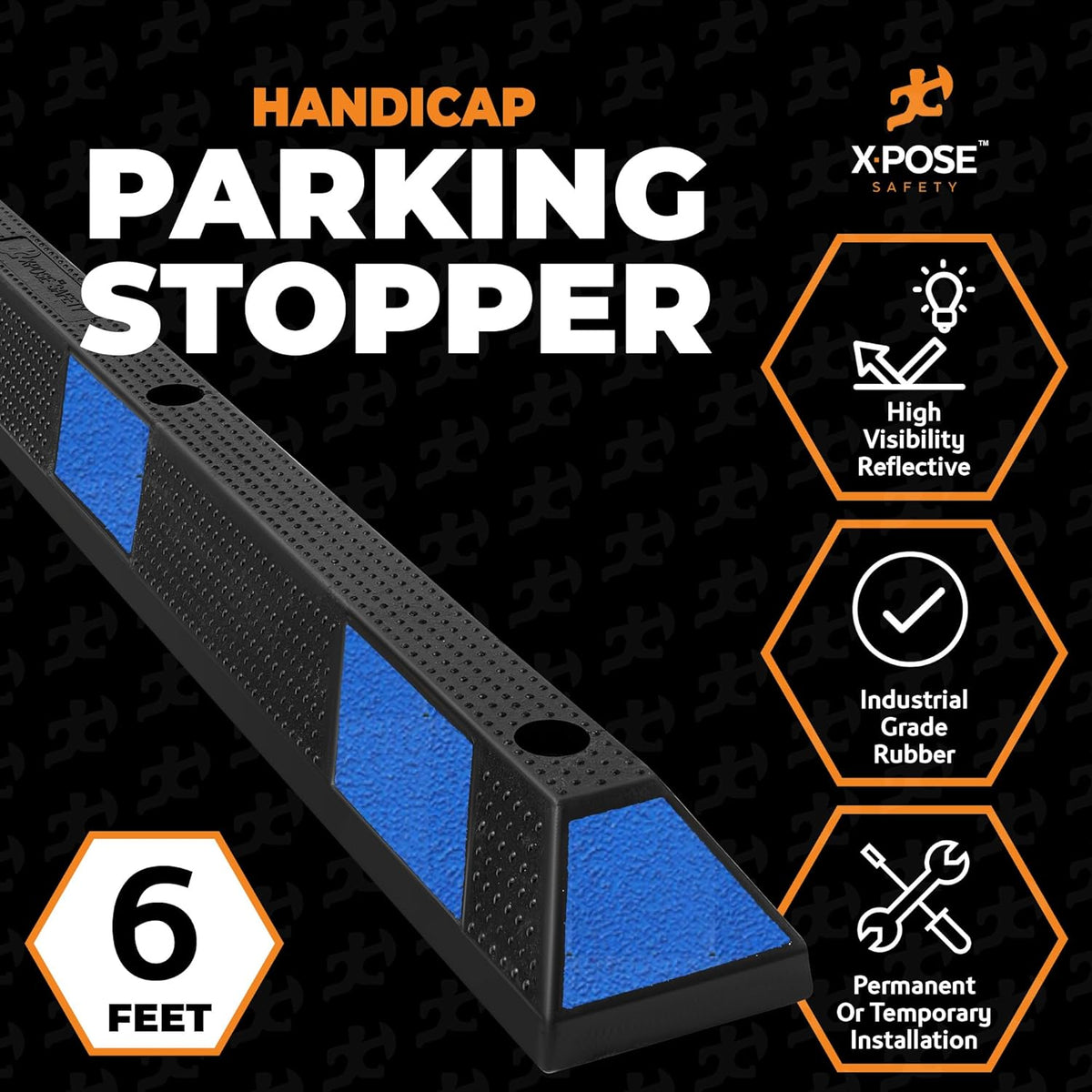 Xpose Safety Parking Stopper for Garage - Heavy Duty Rubber Car, Bumper Stop for Floor, Blue Reflective Strips, Removable Driveway, Ramp Wheel Block for Cars (72" - Pack of 1)