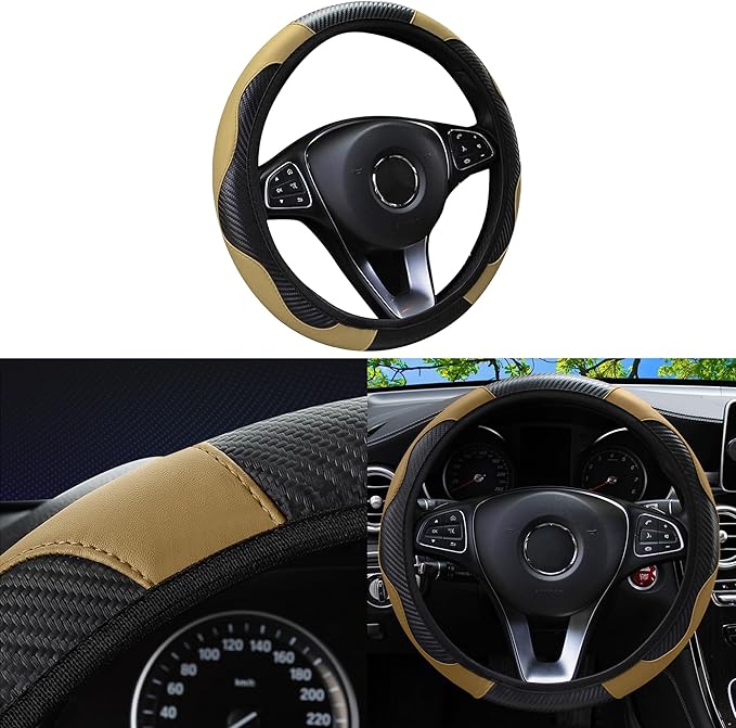 Car Steering Wheel Cover, 15 inch Carbon Fiber Microfiber Anti-Slip Breathable PU Leather Elastic Steering Wheel Protector, Car Interior Accessories for Most Cars (Beige)