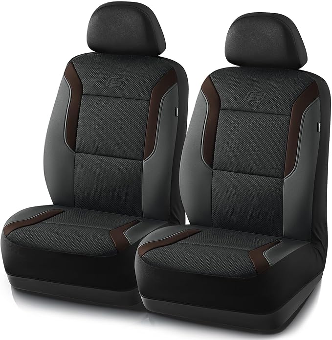Skechers Memory Foam Car Seat Covers, Air Cool Mesh Thick Seat Covers,Car Seat Covers Front Seats Airbag Compatible, Automotive Comfort Protection for Most Cars,Van,Trucks, SUVs,Brown