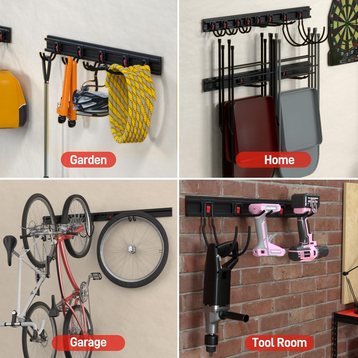 WORKPRO Garage Tool Organizer Wall Mount, Garage Organization Garden Tool Rack Holder System, 64-Inch 4 Rails with 8 Heavy Duty Adjustable Hooks for Hanging and Storage