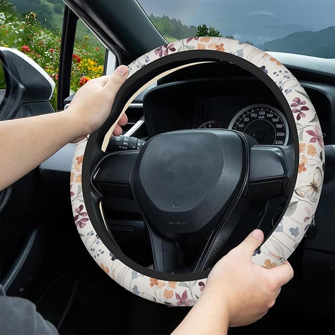 Watercolor Wildflowers Car Steering Wheel Cover, Non-Slip Absorbing Sweat Car Wheel Cover Accessories for Men Women,Universal 15" Fit Auto SUV Vans Trucks