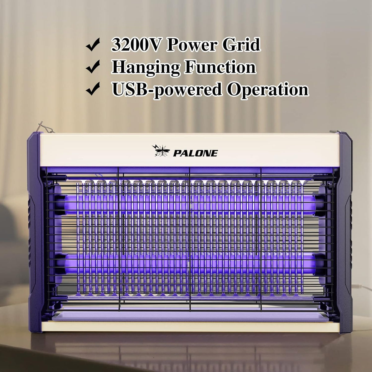 PALONE Electric Bug Zapper 3200V Mosquito Zapper Killer Indoor Insect Killer with Hanging Chain Mosquito Trap with Removable Collection Tray USB Electric Bug Zapper Outdoor for Home Office (16 in)