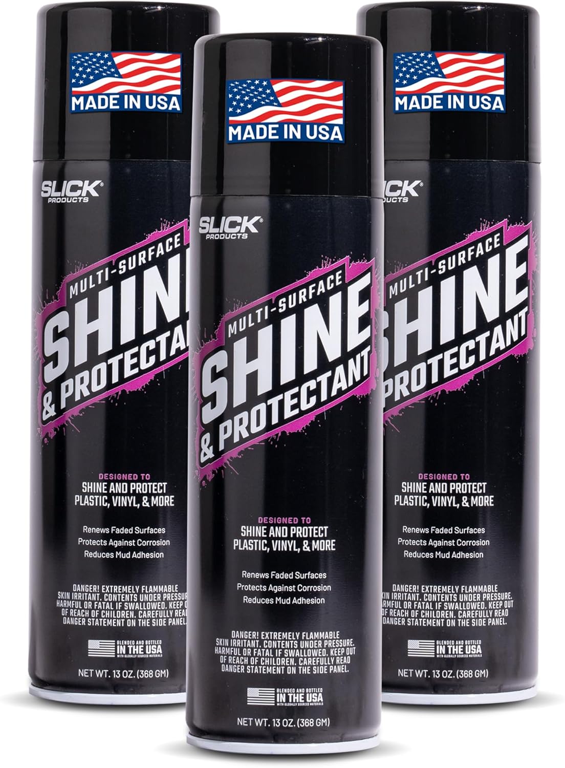 Slick Products Shine & Protectant, Long-Lasting High-Gloss Clear Coat Spray, Renew, Shine, and Protect Plastic, Vinyl, Rubber, Trim, and More (3-Pack)