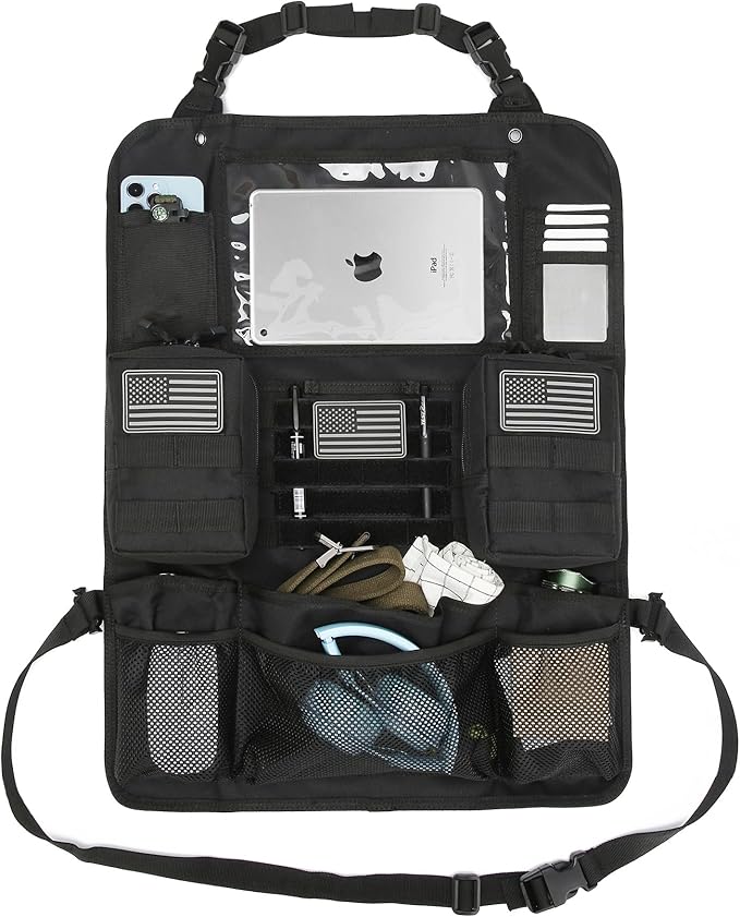 Tactical Car Seat Back Organizer Set Upgraded Tactical Molle Seatback Cover Protector Universal Fit Vehicles Truck MPV Pickup (Black with 2 Pouches)