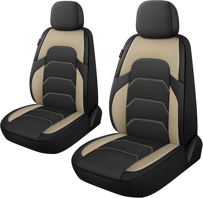 CAROMOP 3D Air Mesh Car Seat Covers 2 Front Seats,Breathable and Durable Seat Covers for Cars,Universal Fit for SUV,Vans,sedans, Trucks, Automotive Interior Covers(Black/Beige)