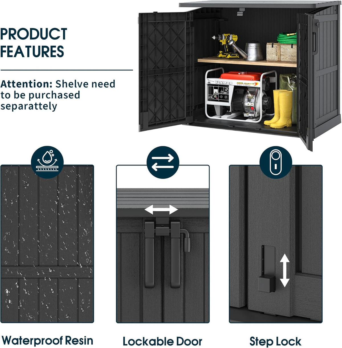 Outdoor Storage Shed 36 Cu. Ft. Resin Garden Horizontal Storage Large Capacity Weather Resistant Storage Box, Lockable Resin Waterproof Shed for Garbage Cans, Garden Tools