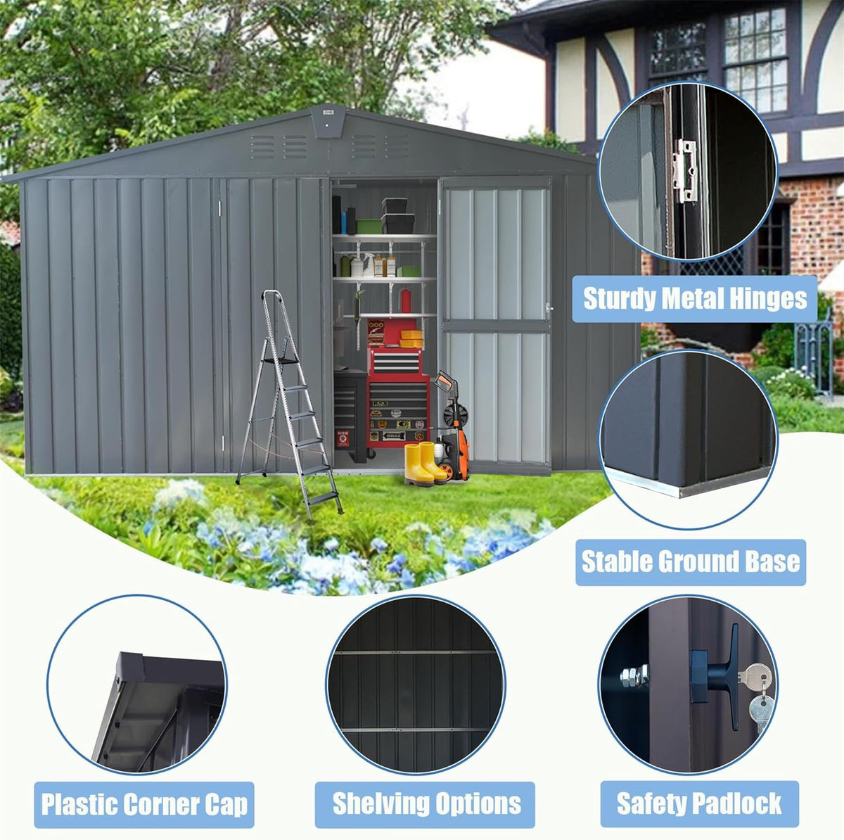 IKERY Large Galvanized Steel Storage Shed 11' x 9' with Windows & Lockable Door - Outdoor Garden & Utility Tool Shed for Backyard, Patio - Dark Gray