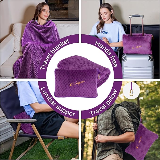 Travel Blanket Pillow-Premium Soft 2 in 1 Airplane Blanket for Long Trips Essentials with Bag Pillowcase, Hand Luggage Sleeve and Backpack Clip (Violet)