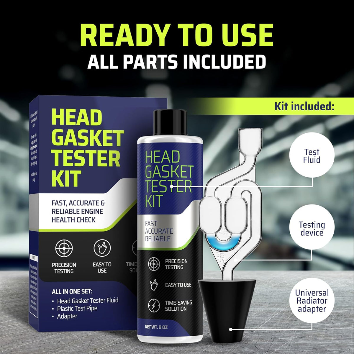 Head Gasket Tester Kit – Over 100 Tests, Complete Combustion Leak Test System with Universal Radiator Adapter, Works on Cars, Trucks, SUVs and Leak Detection Fluid 8oz