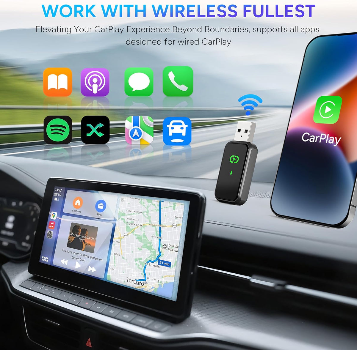 Wireless Carplay Adapter for iPhone 2025 Upgrade Wired to Wireless, No Latency, Car Bluetooth Adapter Plug & Play, Multi-User Seamless Ultra-Fast Connection with WiFi 6 & BT 5.3 Easy to Use
