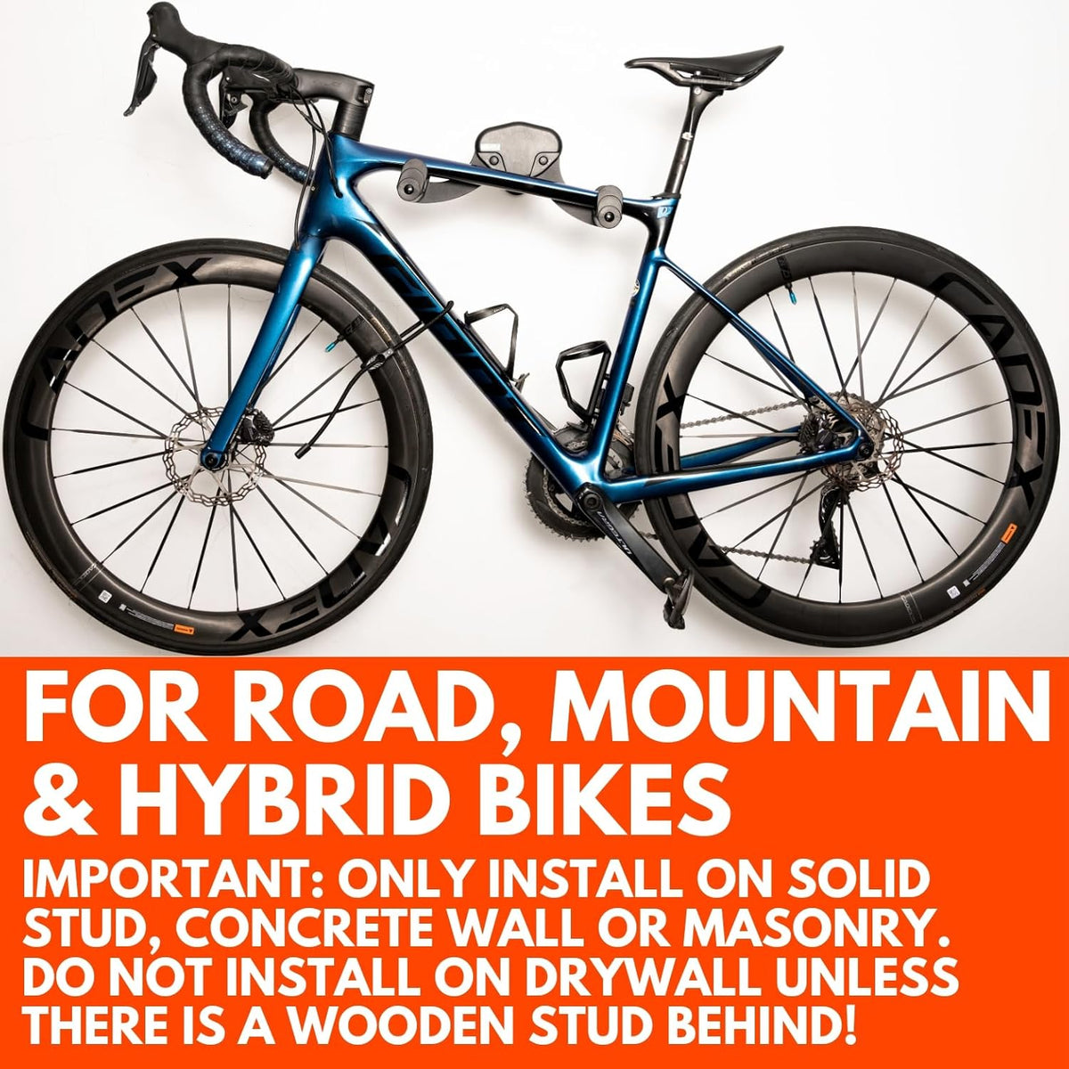 Bike Wall Mount - Horizontal Wall Hanger, Adjustable Design for Road, Mountain and Hybrid Bikes up to 48.5 lbs - Space-Saving Bike Rack for Garage or Apartment - Sturdy Indoor Bicycle Storage