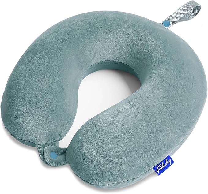 Travel Pillow Memory Foam for Airplanes - Neck Pillow for Traveling, Car, Home, Flight Pillow for Sleeping with Attachable Snap Strap Soft Washable Cover, Provide Head Neck Support Rest, Gray Blue