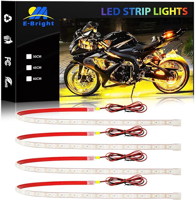 YM E-Bright Car Led Strip Lights Cuttable Underbody Ambient Led Lighting for Motorcycle Trucks Van Boat Night Fishing Interior Exterior Waterproof IP68 24inch 60CM 72SMD 12v,Yellow/Amber(Pack of 4)