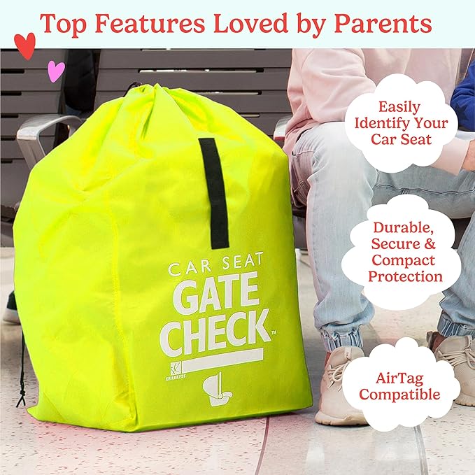 J.L. Childress Gate Check Travel Bag for Car Seats - Car Seat Travel Bag for Airplane, Includes AIRTAG Holder, Fits All Baby Car Infant Carriers & Child Booster Seats - Neon Yellow