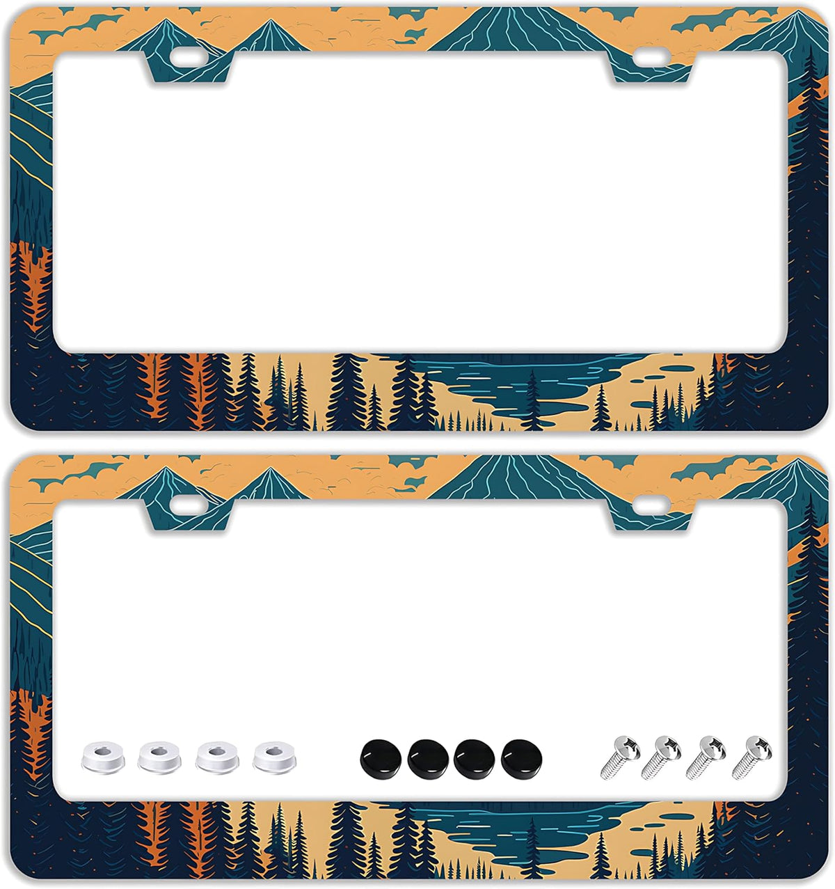 Mountains Forest License Plate Frames - 2 Pcs Set 2 Holes Stainless Steel Metal Novelty Auto Car Accessories Decoration License Plate Frame Cover Size 6.3" x 12.2" Fit US Vehicles for Women Men Gift