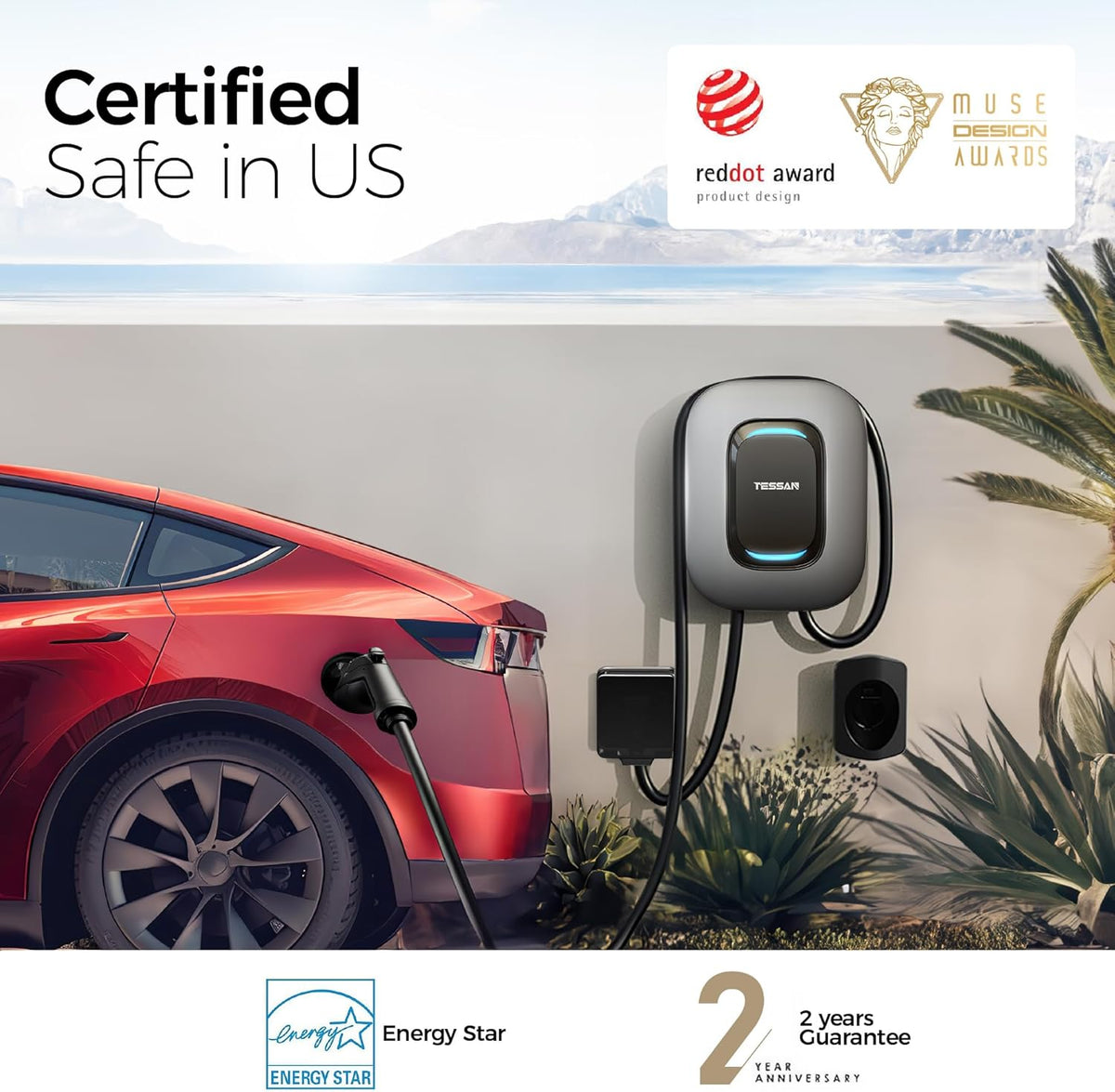 TESSAN Level 2 EV Charger, Hardwired Electric Vehicle Fast Charging Station, 48A/240V Smart Equipment App Control Wi-Fi （Only 2.4Ghz）& Bluetooth, 25ft Cable with Holder for Indoor Outdoor Home